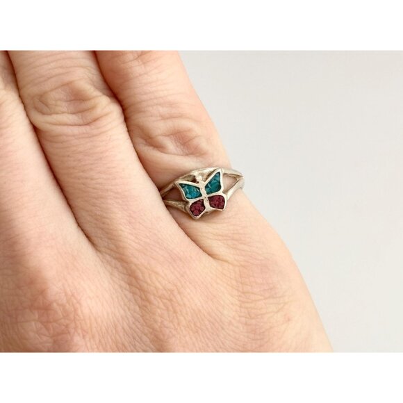 Crushed Turquoise & Coral Butterffly 925 Vintage Mexican Inspired Ring - sz 4.25 - Picture 8 of 9